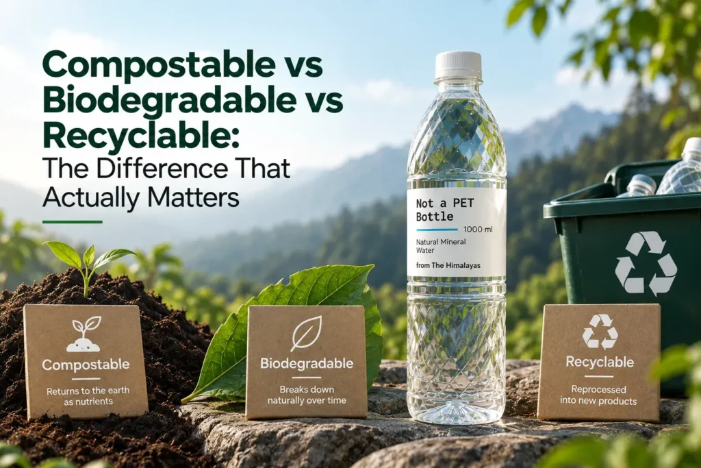 Compostable vs biodegradable vs recyclable packaging, illustrated with a PLA water bottle and labels explaining each environmental disposal option