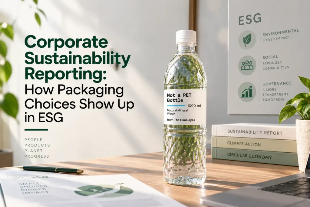 Corporate sustainability reporting concept featuring a PLA water bottle beside an ESG board highlighting environmental, social, and governance factors, with sustainability report books in the background.