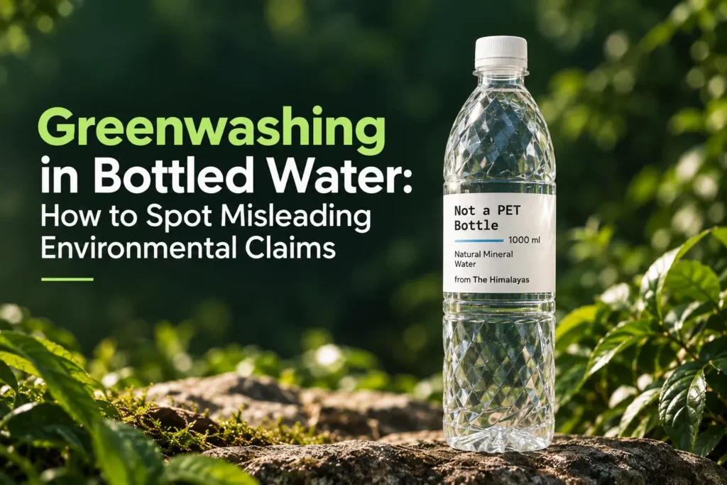 Greenwashing in Bottled Water: How to Spot Misleading Environmental Claims — a clear Not a PET Bottle displayed in a lush natural setting, illustrating sustainability and environmental claims in bottled water.
