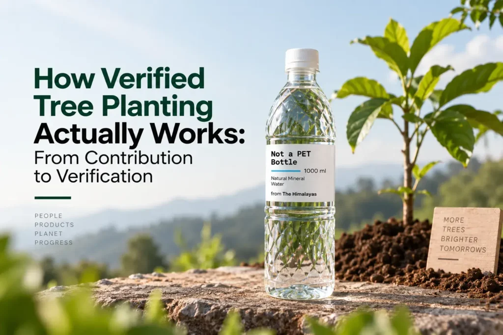 Verified tree planting concept showing a PLA water bottle beside a newly planted tree, with a sign about trees and verification in a natural outdoor setting.