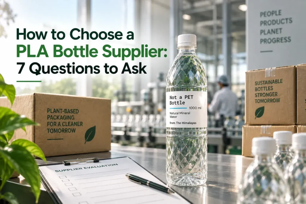 How to Choose a PLA Bottle Supplier: 7 Questions to Ask — a PLA water bottle displayed in a manufacturing facility with packaging boxes, supplier evaluation checklist, and production equipment in the background.
