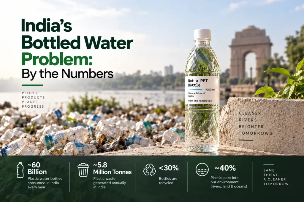 India’s bottled water problem by the numbers, showing plastic bottle waste, a PLA water bottle, and plastic pollution near India Gate