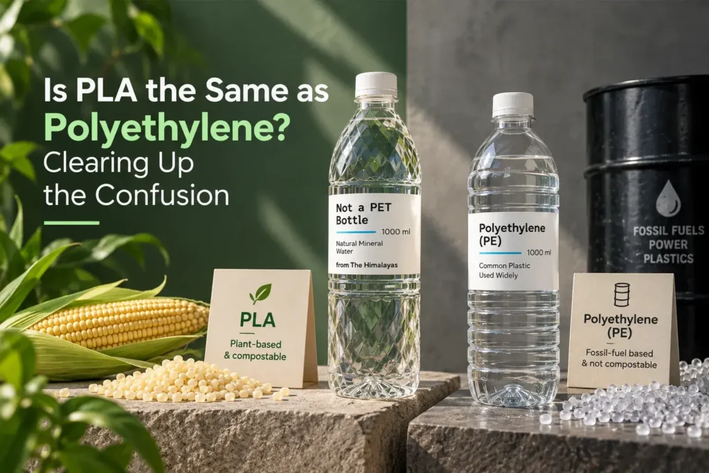 Is PLA the Same as Polyethylene? Clearing Up the Confusion — a side-by-side comparison of a plant-based PLA bottle and polyethylene bottle, with corn, plastic pellets, and visual indicators of their different material origins.