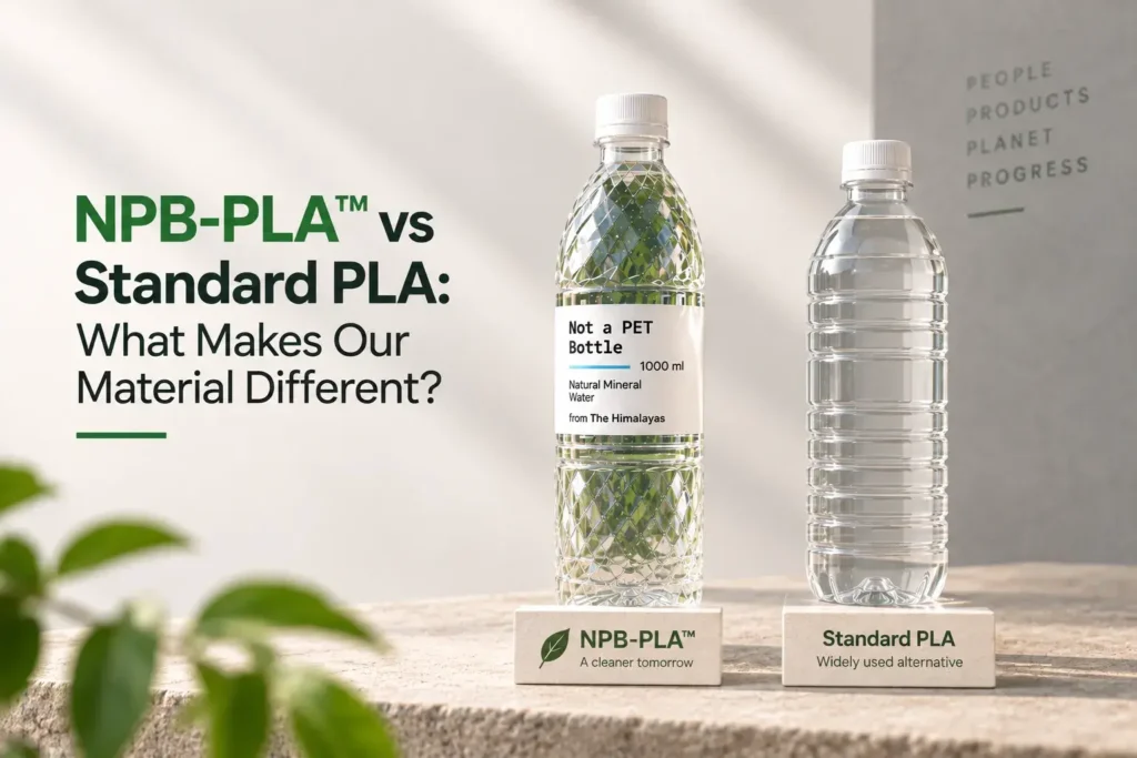 NPB-PLA™ and standard PLA bottles displayed side by side, comparing the two materials on a minimalist neutral background.
