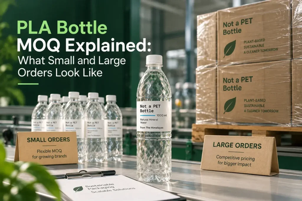 PLA Bottle MOQ Explained: What Small and Large Orders Look Like — a PLA water bottle displayed in a packaging facility with smaller bottle orders on one side and palletized large orders on the other.
