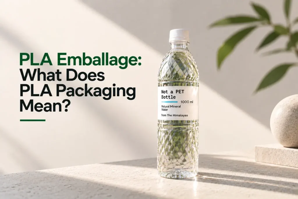 Private label water in a PLA bottle displayed on a minimalist workspace, representing custom-branded sustainable water packaging.