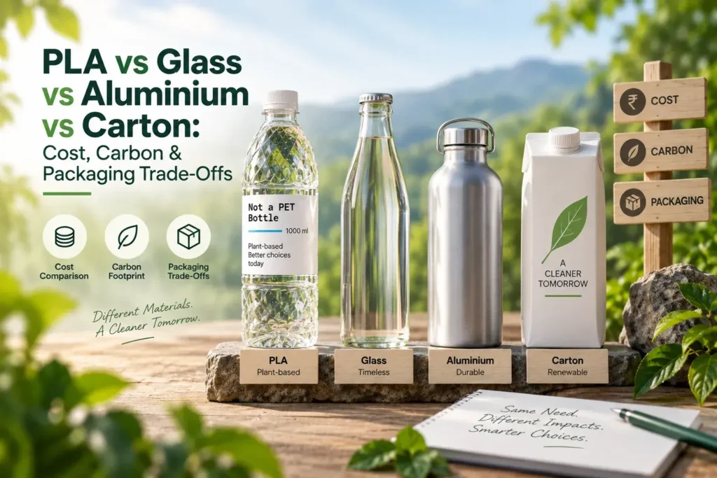 PLA, glass, aluminium, and carton bottles displayed side by side with labels highlighting cost, carbon footprint, and packaging trade-offs.