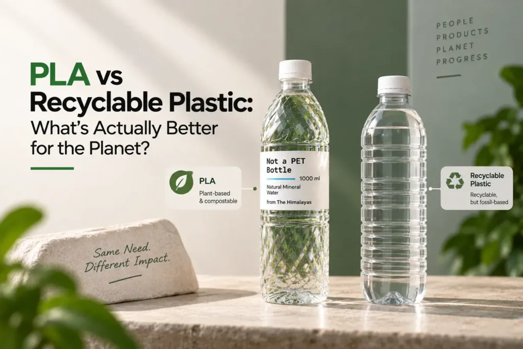 PLA and recyclable plastic water bottles displayed side by side, highlighting their different environmental and material characteristics.