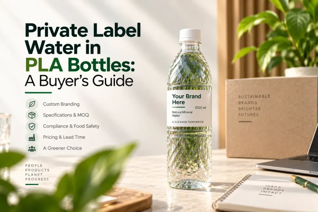 Private label water in PLA bottles with custom branding, MOQ, compliance, pricing, and lead time for sustainable water packaging
