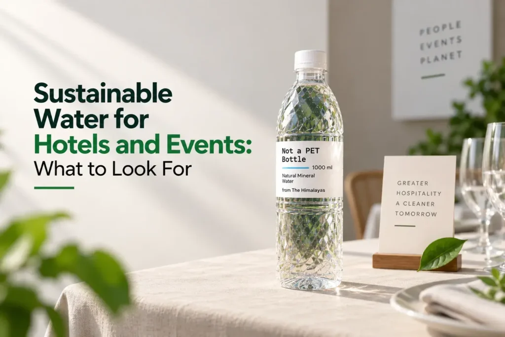 Sustainable water bottle displayed on a hotel or event table, representing eco-friendly bottled water options for hospitality and events.
