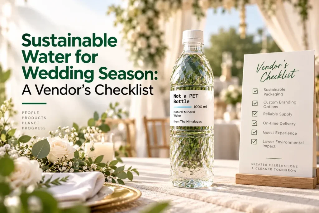 Sustainable water in PLA bottles for weddings, featuring a vendor checklist for eco-friendly packaging, custom branding, reliable supply, and lower environmental impact