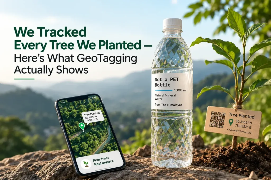 We Tracked Every Tree We Planted — Here’s What GeoTagging Actually Shows — a PLA water bottle beside a newly planted tree, with a smartphone map and geotagged tree marker showing the planting location.