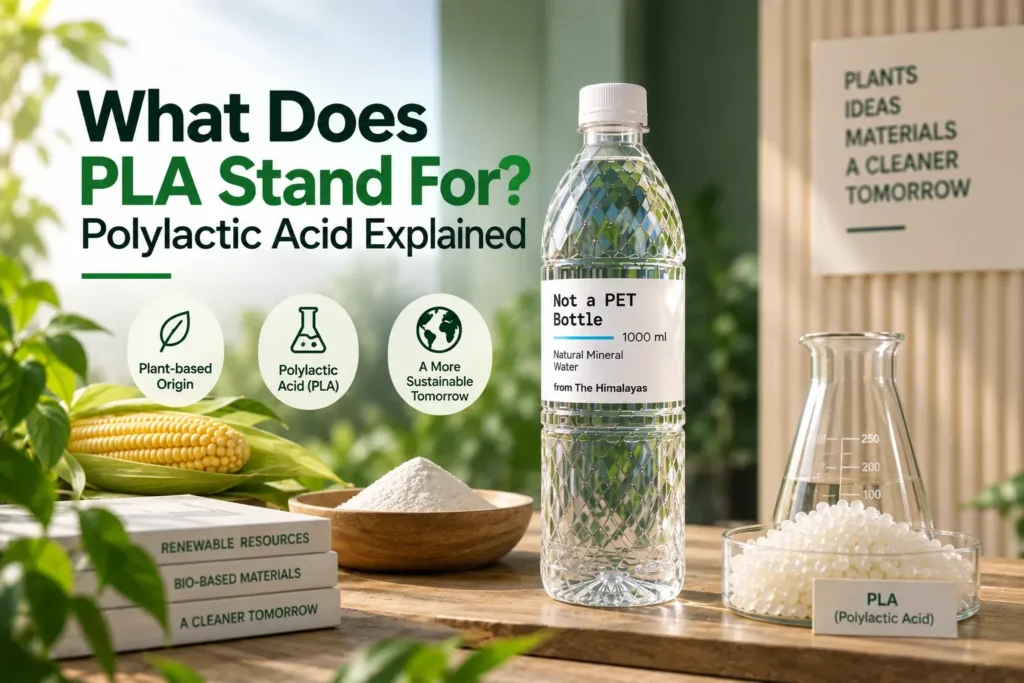 What Does PLA Stand For? Polylactic Acid Explained — an eco-friendly PLA water bottle displayed with corn, PLA resin pellets, laboratory glassware, and plant-based material elements.