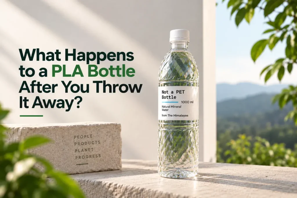 PLA water bottle displayed on a minimalist stone surface with greenery and mountains in the background, illustrating what happens to a PLA bottle after disposal.
