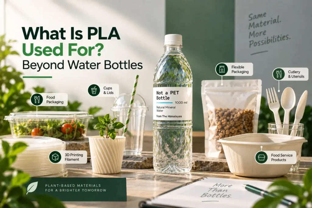 What Is PLA Used For? Beyond Water Bottles — PLA applications including food packaging, cups and lids, flexible packaging, 3D printing filament, cutlery, and food-service products, shown alongside a PLA water bottle.
