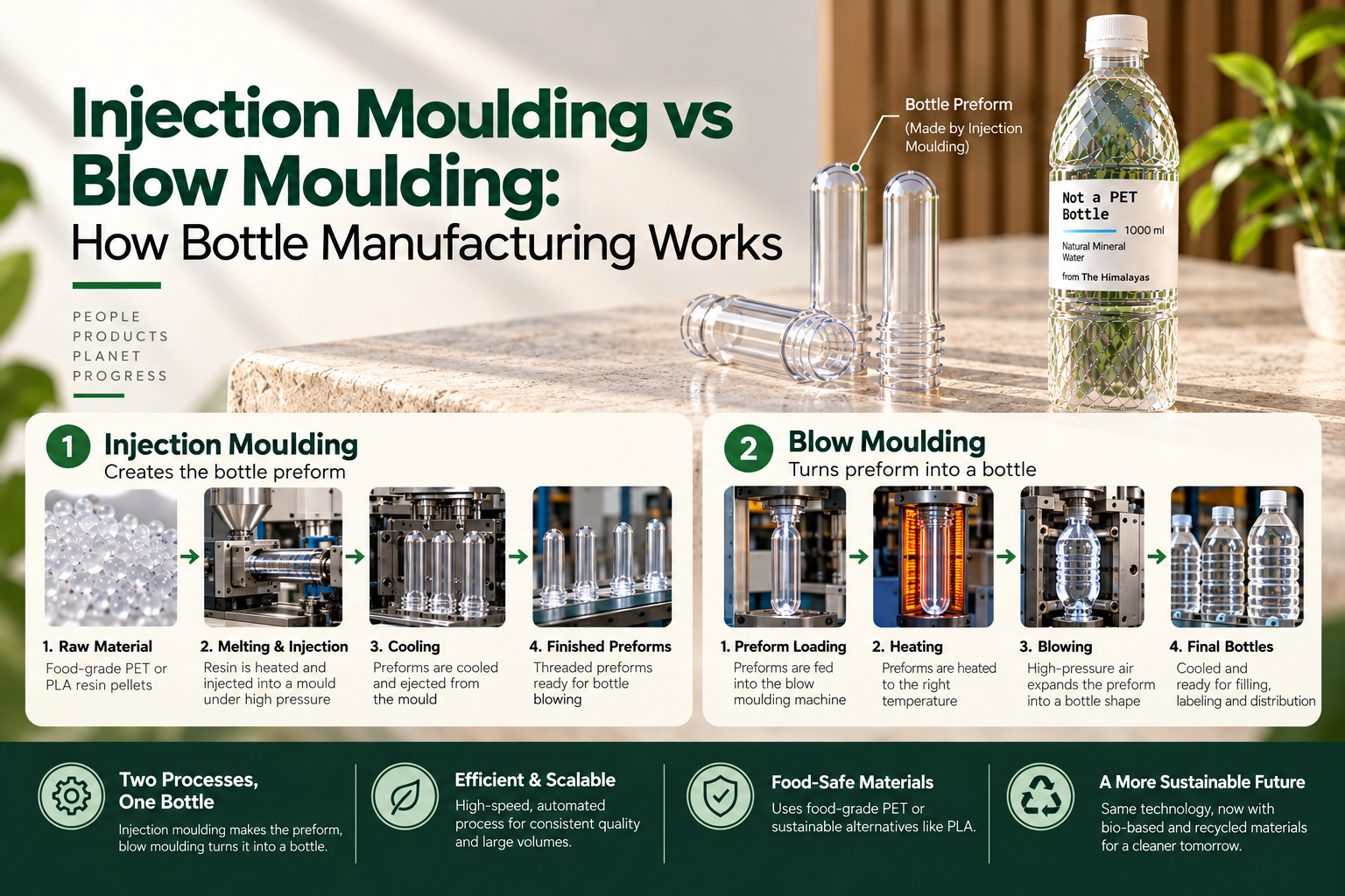 Injection moulding vs blow moulding infographic showing PET and PLA bottle preforms, resin injection, cooling, preform heating, bottle formation and finished bottles, explaining the bottle manufacturing process for Not A PET Bottle.