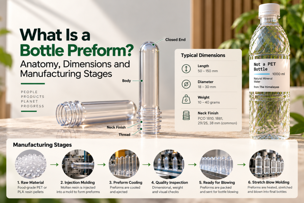 Bottle preform anatomy, dimensions and manufacturing stages infographic showing PET and PLA bottle preforms, key components, typical measurements, injection moulding, quality inspection and stretch blow moulding for bottle packaging.
