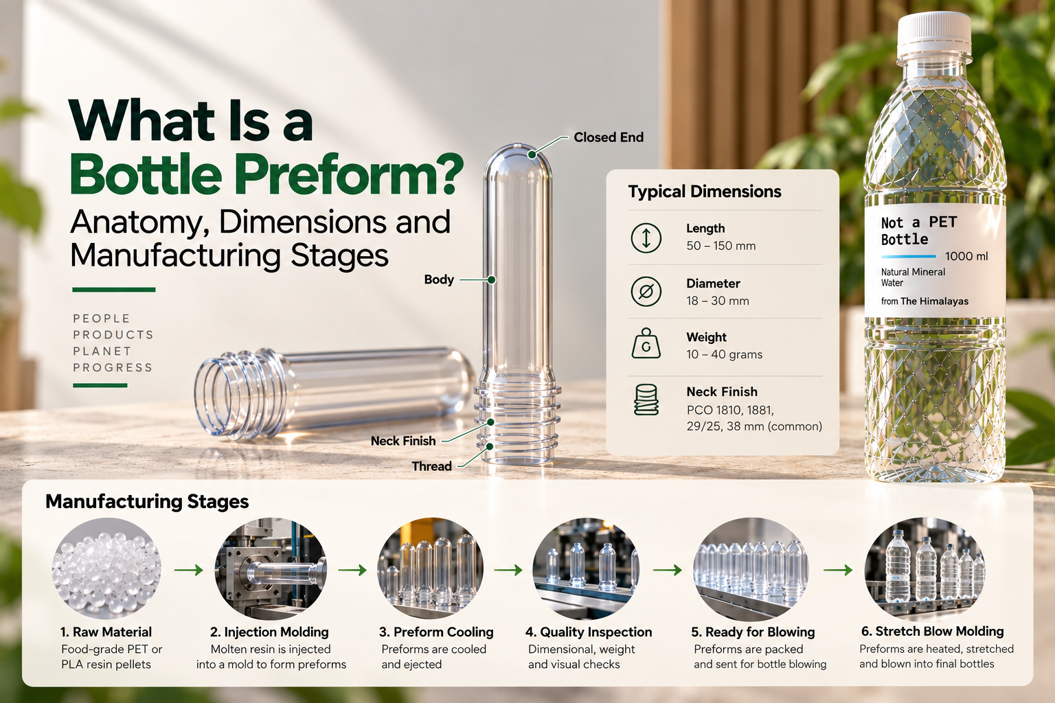 Bottle preform anatomy, dimensions and manufacturing stages infographic showing PET and PLA bottle preforms, key components, typical measurements, injection moulding, quality inspection and stretch blow moulding for bottle packaging.
