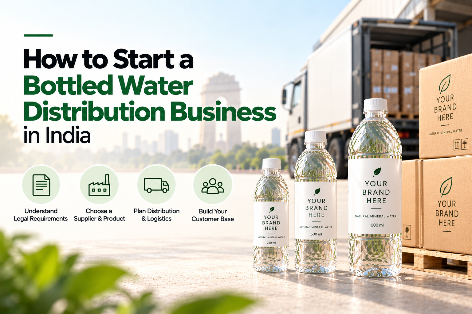 How to start a bottled water distribution business in India, highlighting legal requirements, supplier selection, distribution logistics, and customer acquisition, with branded water bottles and bulk shipment boxes.