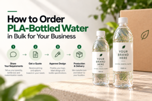 How to order PLA-bottled water in bulk for businesses, showing four steps: share requirements, get a quote, approve the design, and arrange production and delivery, with customizable 500 ml and 1000 ml bottles.