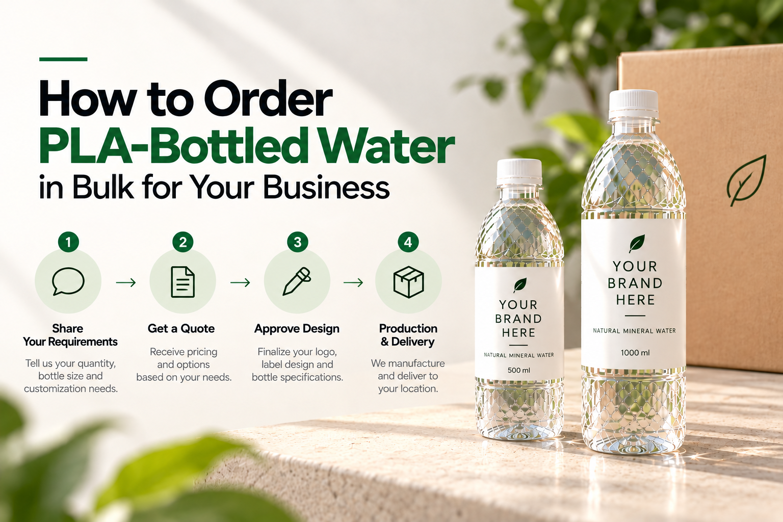 How to order PLA-bottled water in bulk for businesses, showing four steps: share requirements, get a quote, approve the design, and arrange production and delivery, with customizable 500 ml and 1000 ml bottles.