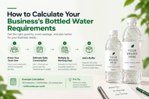 How to calculate business bottled water requirements using team size, daily consumption, working days, and custom-branded 500ml and 1000ml water bottles