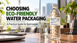 Eco-friendly Not a PET Bottle water packaging on an office table, illustrating sustainable drinking water packaging choices for businesses.