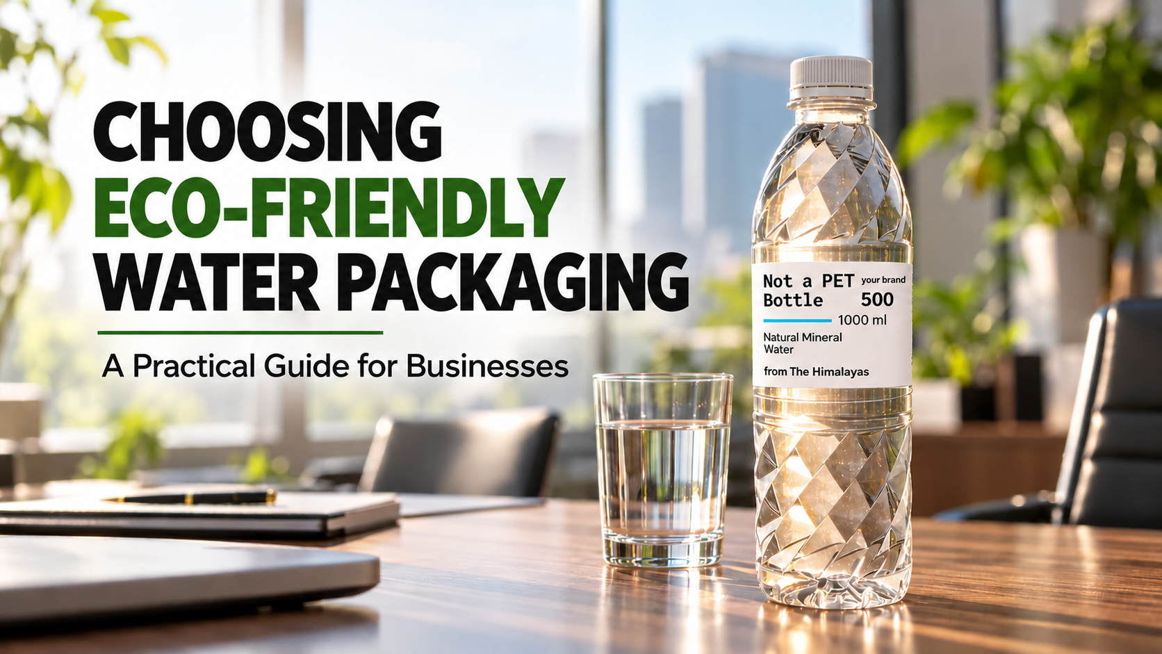 Eco-friendly Not a PET Bottle water packaging on an office table, illustrating sustainable drinking water packaging choices for businesses.