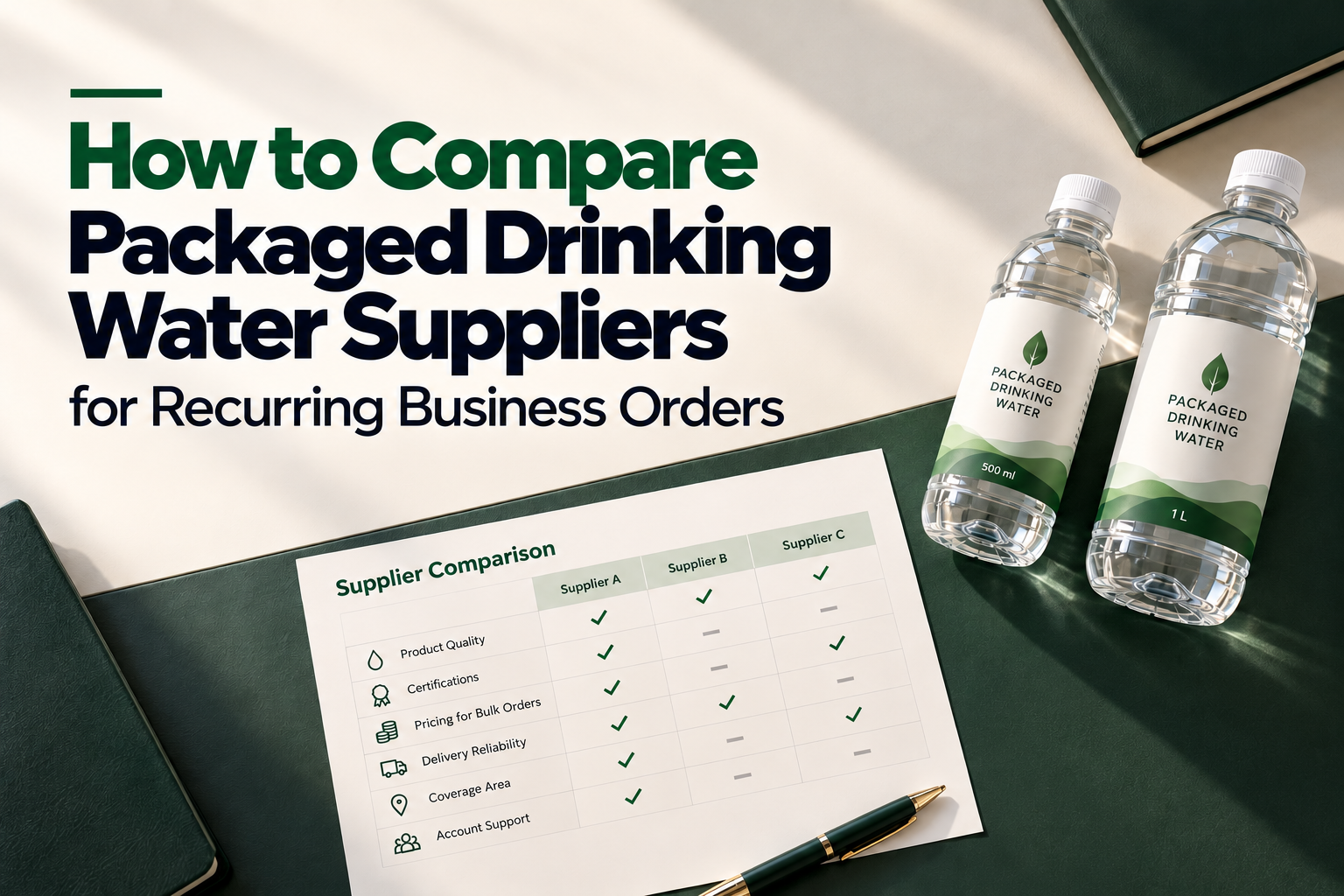 How to compare packaged drinking water suppliers for recurring business orders, featuring labeled 500 ml and 1 L water bottles alongside a supplier comparison checklist.