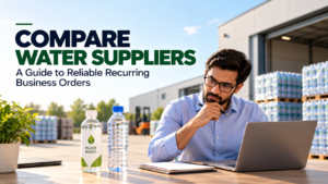 Compare bottled water suppliers for recurring business orders, featuring a business buyer evaluating plant-based and conventional water bottles at a distribution warehouse.