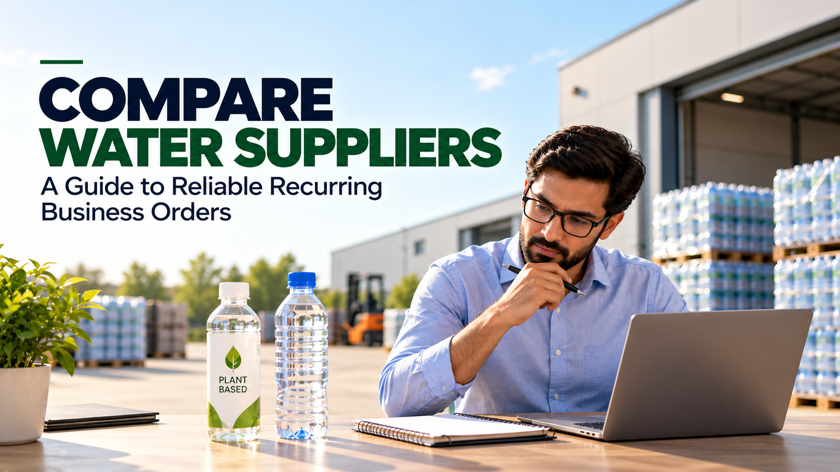 Compare bottled water suppliers for recurring business orders, featuring a business buyer evaluating plant-based and conventional water bottles at a distribution warehouse.