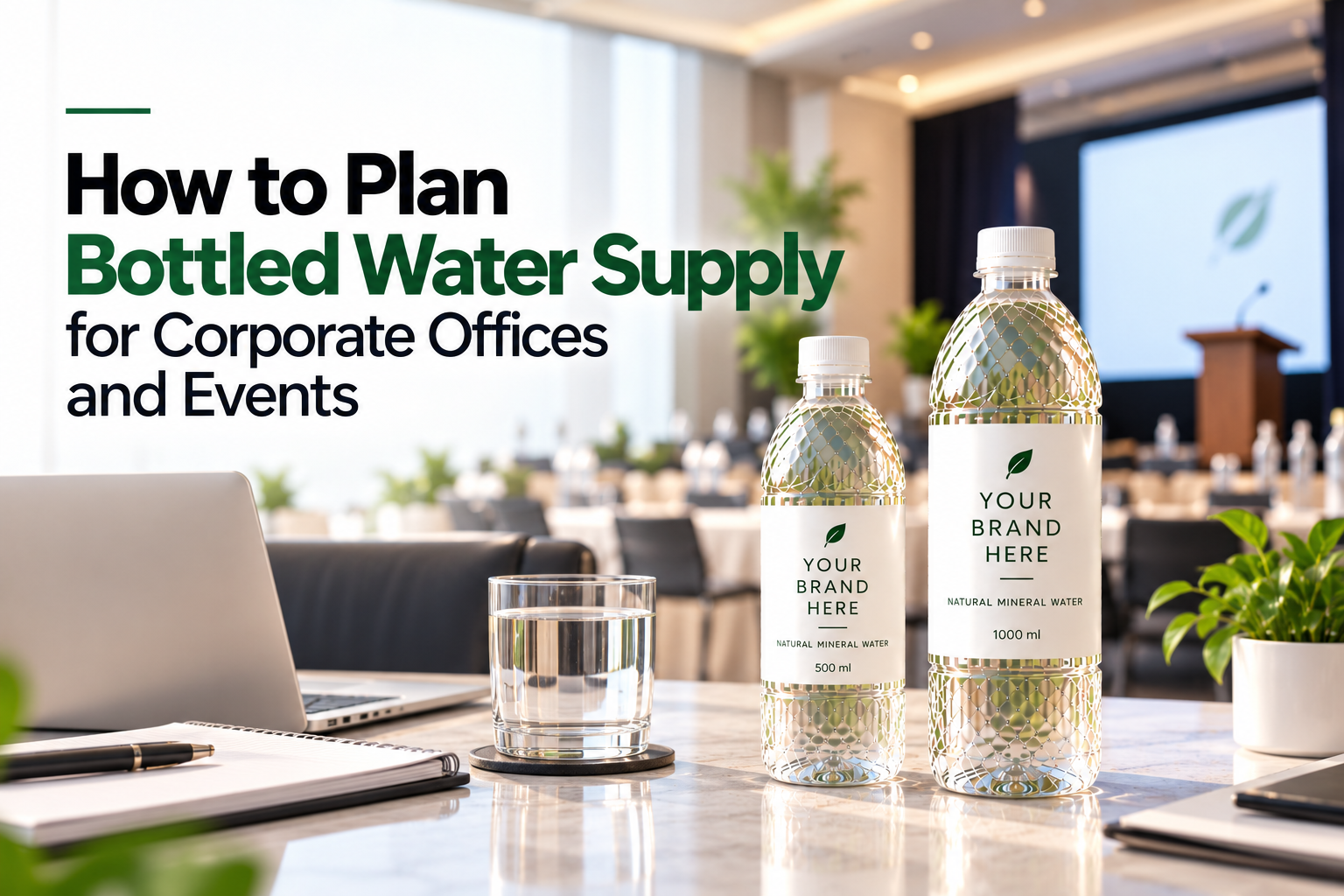 Planning bottled water supply for corporate offices and events, featuring branded 500 ml and 1000 ml water bottles in a professional conference setting.