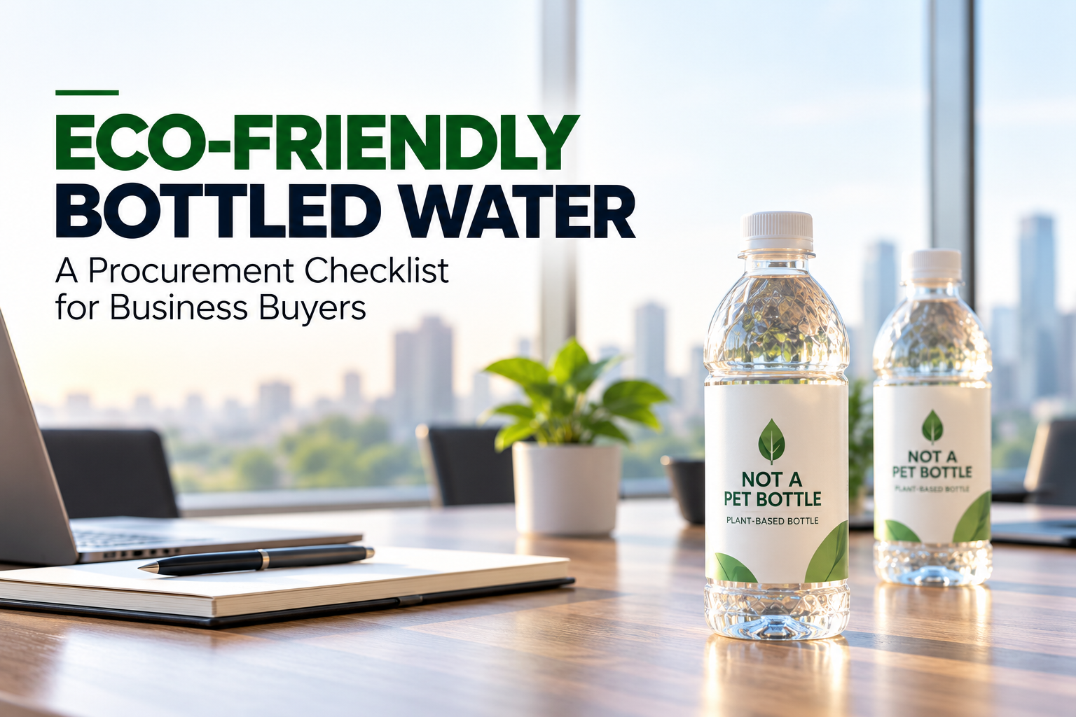 Eco-friendly bottled water procurement checklist for businesses, featuring plant-based water bottles by Not a PET Bottle in a modern office setting