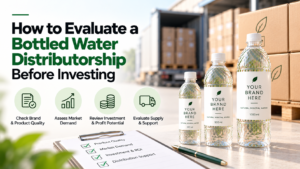 Evaluating a bottled water distributorship before investing, with branded water bottles and key factors including product quality, market demand, profit potential, and supplier support.