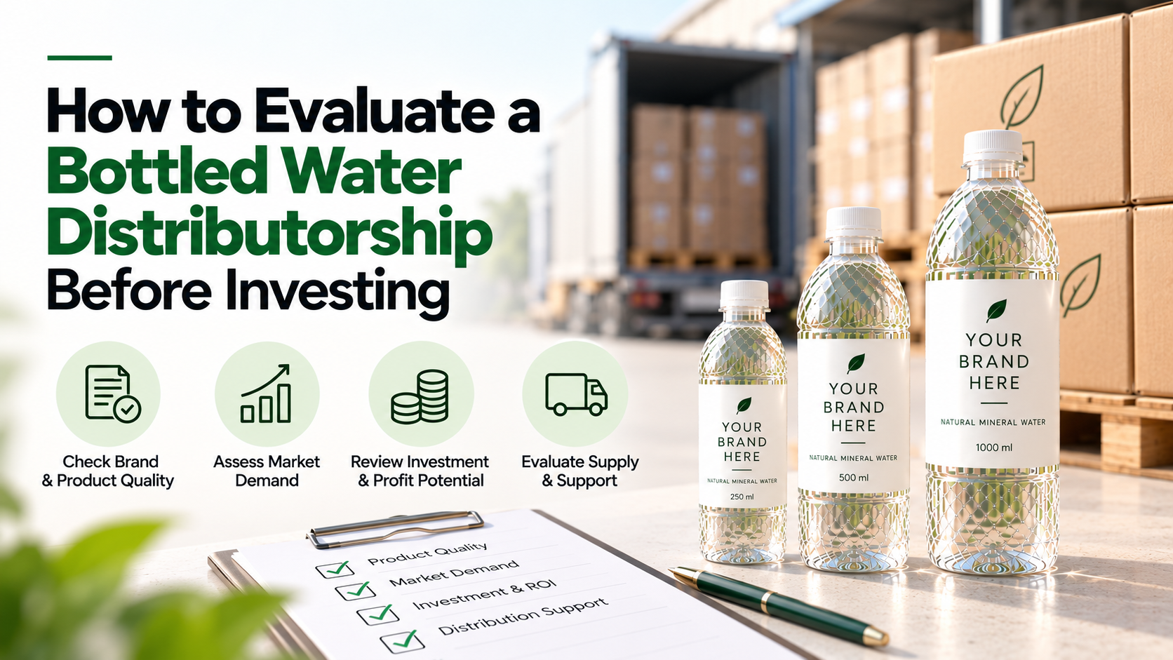 Evaluating a bottled water distributorship before investing, with branded water bottles and key factors including product quality, market demand, profit potential, and supplier support.
