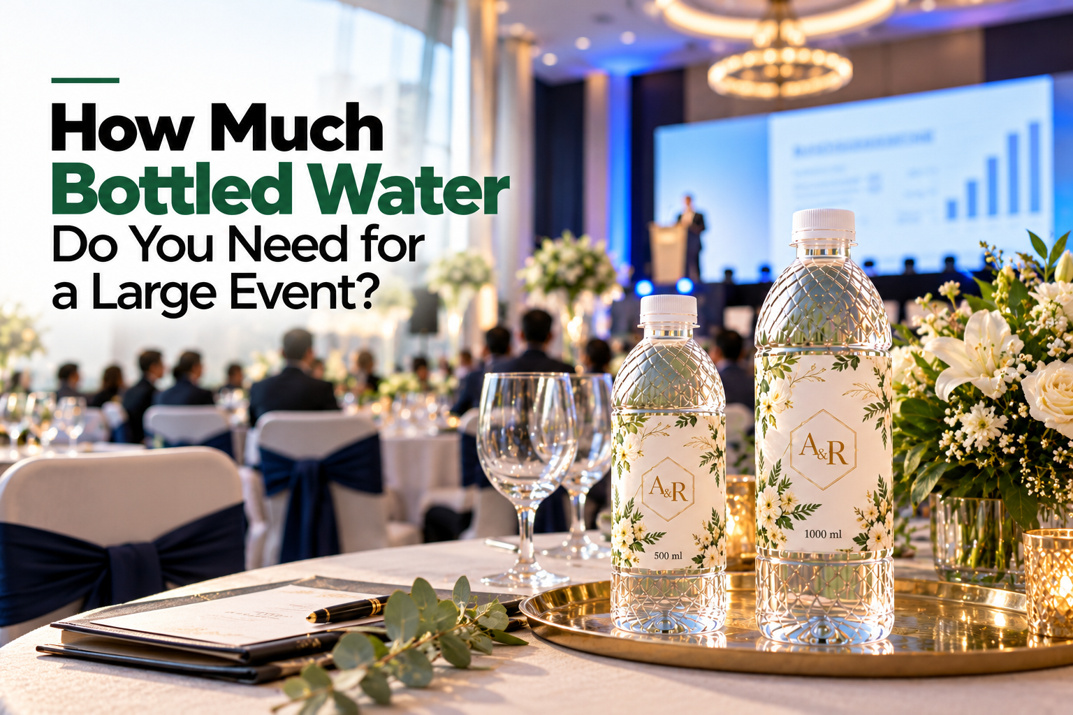 How much bottled water is needed for a large event, featuring custom-labeled water bottles at a corporate conference with a stage, audience, and elegant table setup.
