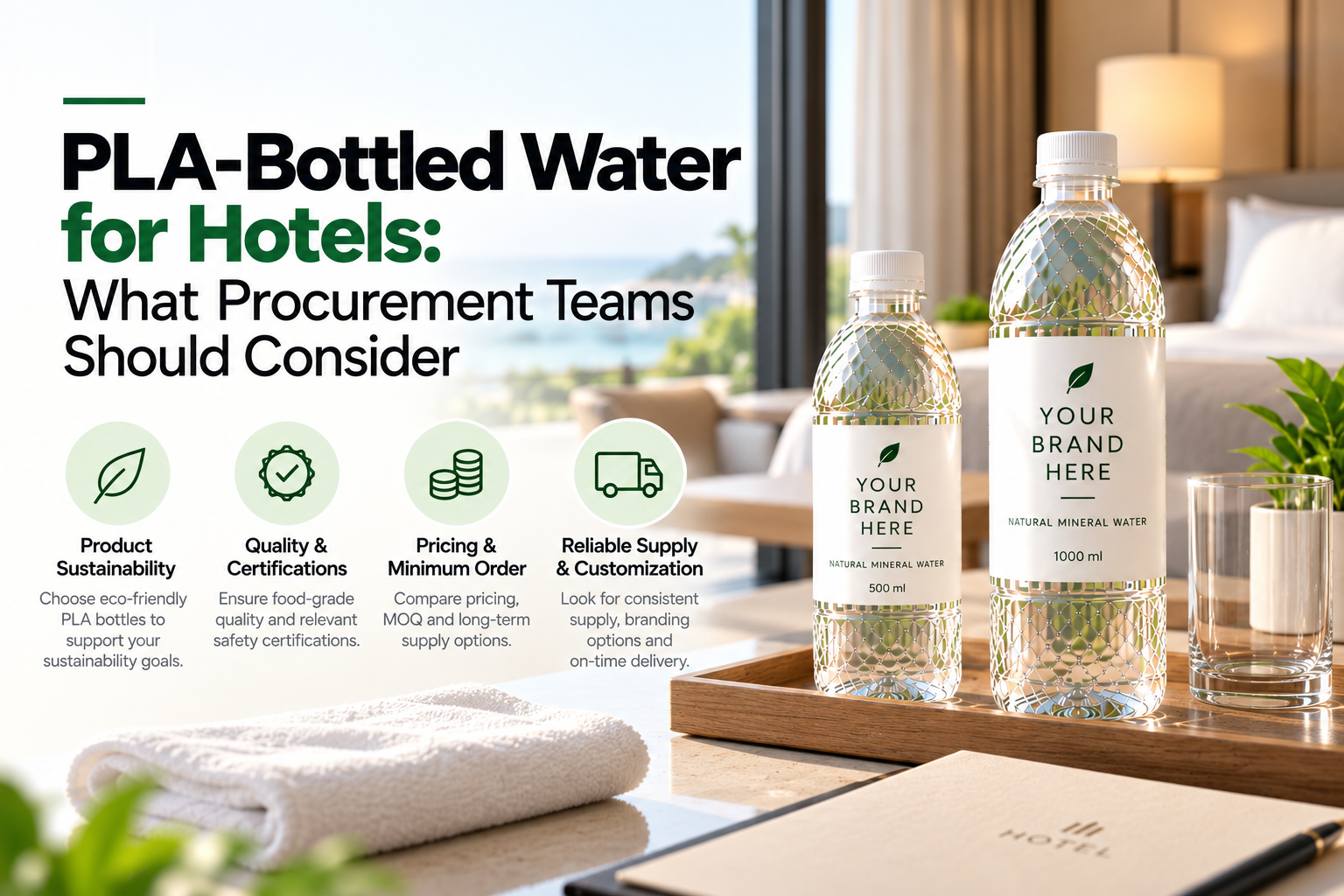 PLA-bottled water for hotels, highlighting sustainability, product quality, pricing, minimum order quantities, reliable supply, and custom branding with 500 ml and 1000 ml water bottles.