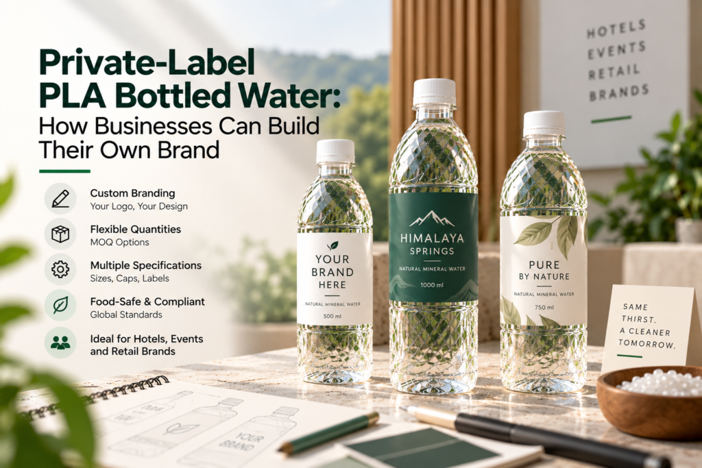 Private-label PLA water bottles with custom branding, varied bottle sizes, and sustainable packaging options for hotels, events, and retail businesses.
