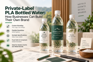 Private-label PLA water bottles with custom branding, varied bottle sizes, and sustainable packaging options for hotels, events, and retail businesses.