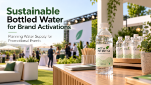 Sustainable bottled water in Not A PET Bottle packaging displayed at an outdoor brand activation event.