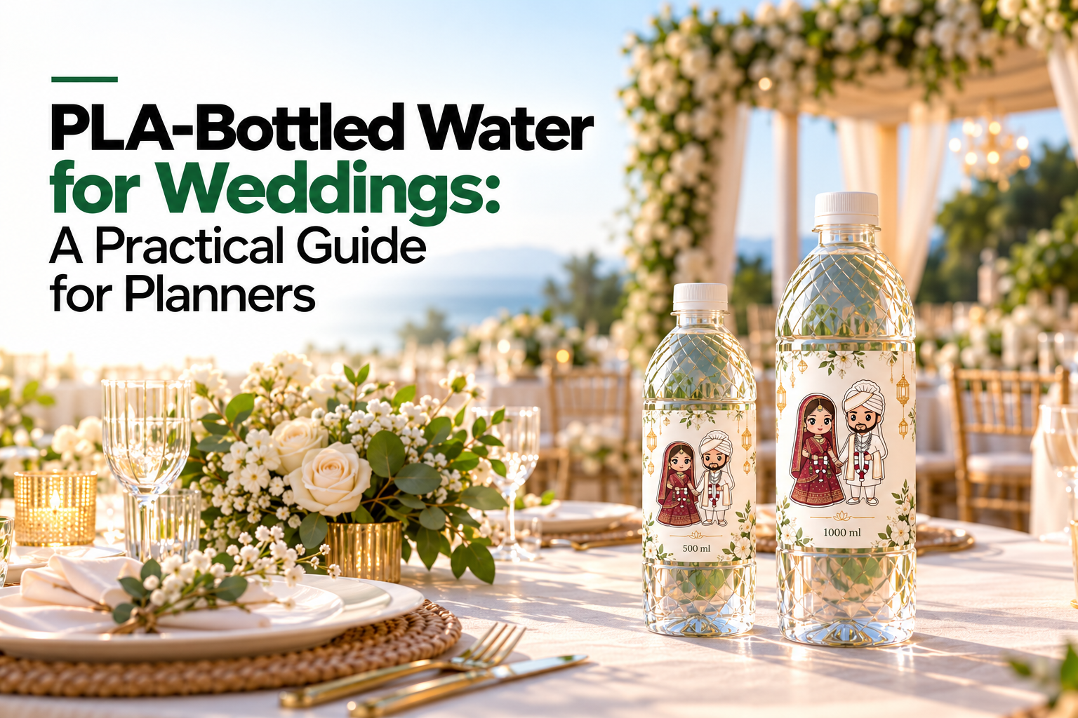 PLA-bottled water featuring custom Indian bride and groom illustrations on the labels, displayed on an elegant wedding reception table with floral arrangements and a decorated mandap.