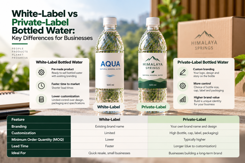 White-label vs private-label bottled water comparison showing differences in branding, customization, minimum order quantity, lead time, and business use cases.