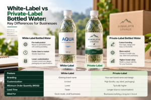 White-label vs private-label bottled water comparison showing differences in branding, customization, minimum order quantity, lead time, and business use cases.